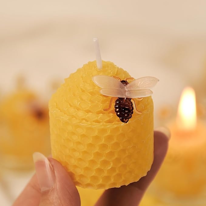 DEYBBY Natural Beeswax Candles Set of 6, Small Bees Wax Votive Candles with Little Bee Decorations as Housewarming Birthday Event Gift Party Favor (Yellow)