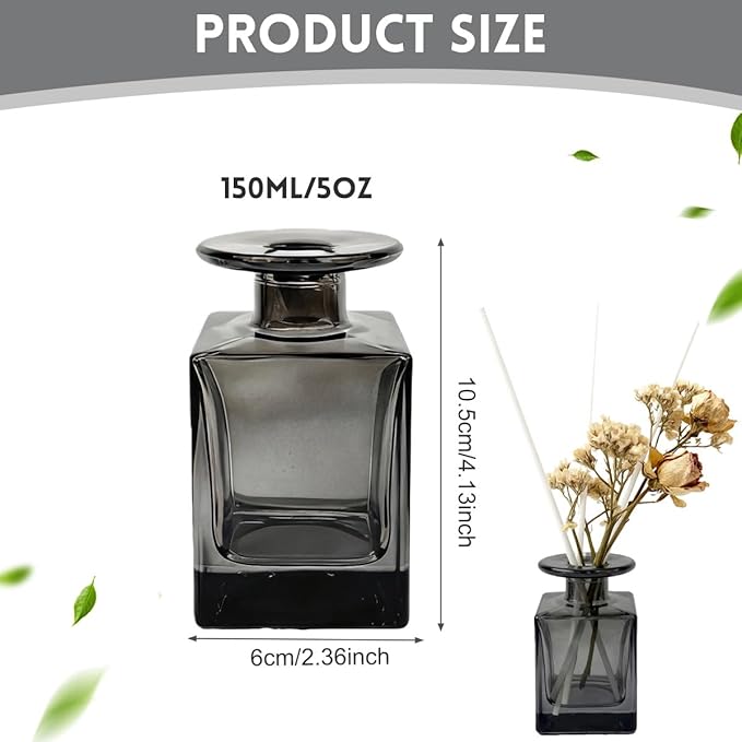 150ml/5oz Glass Square Wide Mouth Diffuser Bottle Empty Refillable Essential Oil Jar Perfume Container Home Fragrance Scented Oils Holder for Bathroom Décor (Translucent Gray)