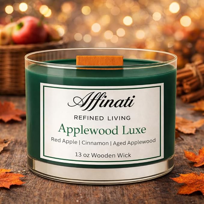 Affinati Applewood Luxe Wooden Wick Candle – Luxury Wooden Bowl, 13 oz