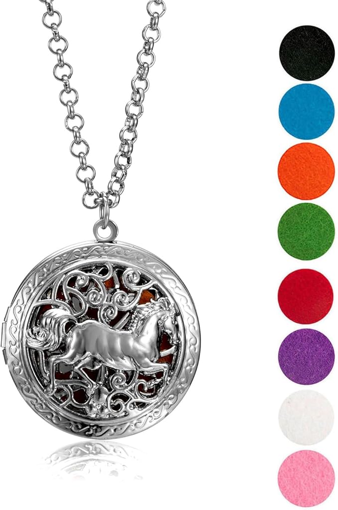 Wild Essentials Wild Horse Essential Oil Diffuser Necklace Gift Set with Inner Calm & Relax Oils – Nickel Free Alloy Pendant with 12 Color Pads – USA Made Oils & Perfume Necklace – Family Company