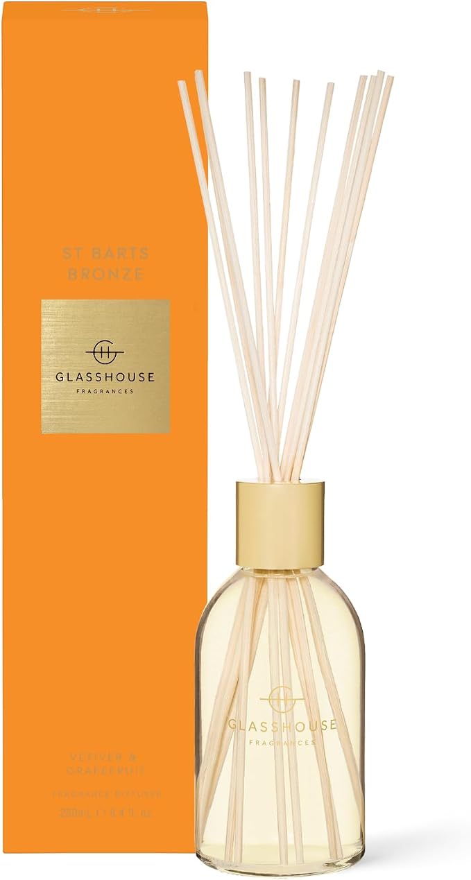 Glasshouse Fragrance St Barts Bronze Reed Diffuser, Home Fragrance & Perfume Scented Room DÈcor, Natural & Oil Free, Vetiver & Grapefruit 8.4.fl.oz (250mL)