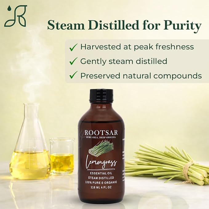 Lemongrass Essential Oil – 100% Pure Organic Lemongrass Oil, Steam Distilled, 4 FL OZ / 118 ML – Premium Essential Oil for Diffuser, Aromatherapy, Massage, Skin Care, Candle & Soap Making