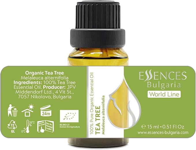 Essences Bulgaria Organic Tea Tree Essential Oil 0.51Fl Oz 15ml Melaleuca Alternifolia - 100% Pure and Natural Undiluted for Toenail Fungus, Dandruff Itchy Scalp Acne Skincare Aromatherapy Diffuser