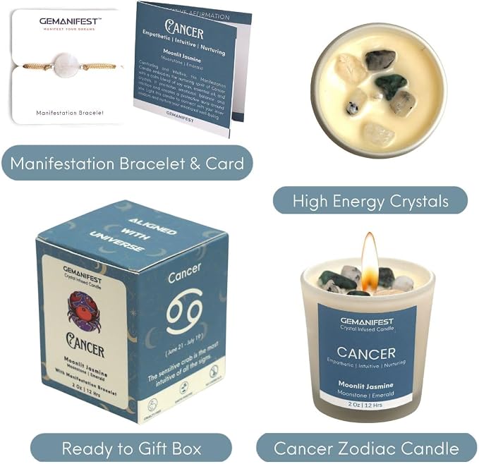 Cancer Zodiac Candle for Manifestation with Moonstone Bracelet Jasmine Soy Candles for Home Scented Zodiac Sign Gifts for Women Birthday Birthstone Gifts