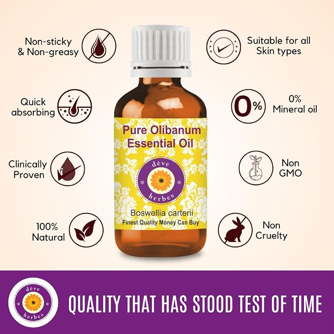 dève herbes Olibanum Essential Oil (Boswellia carterii) Pure | Non-Sticky | Non-Greasy | Lightweight | Men & Women | All Skin Types | Steam Distilled 15ml (0.5 oz)