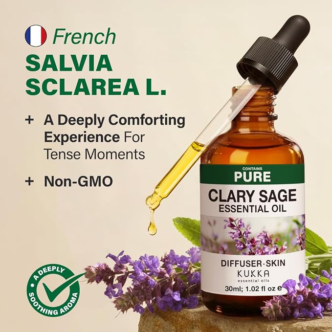 100% Pure Clary Sage Oil - 1.02 Fl Oz Clary Sage Essential Oil for Hair, Skin, Diffuser, Aromatherapy & DIY Soap Making Scent