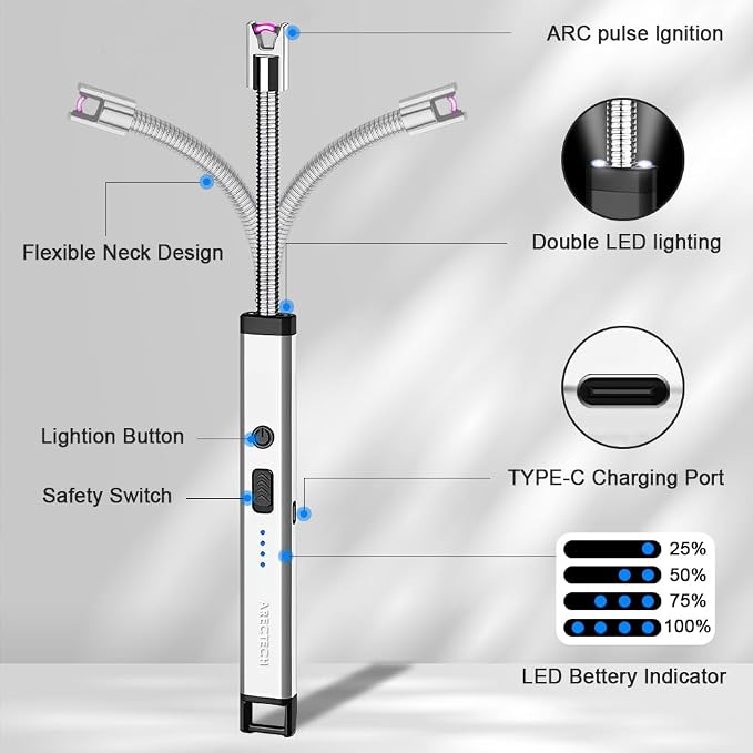 ARECTECH Candle Electric Lighter Rechargeable USB Arc Lighter for Candle Camping Fireworks Christmas Birthday Gifts with LED Light for Men Women Silver