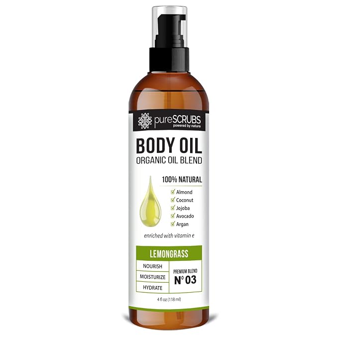 pureSCRUBS Ultra Moisturizing Lemongrass Body Oil for Dry Skin, Lightweight Full Body Moisturizer for Soft, Silky Skin, Massage & Cuticle Oil, Vitamin E Enriched, 4 oz