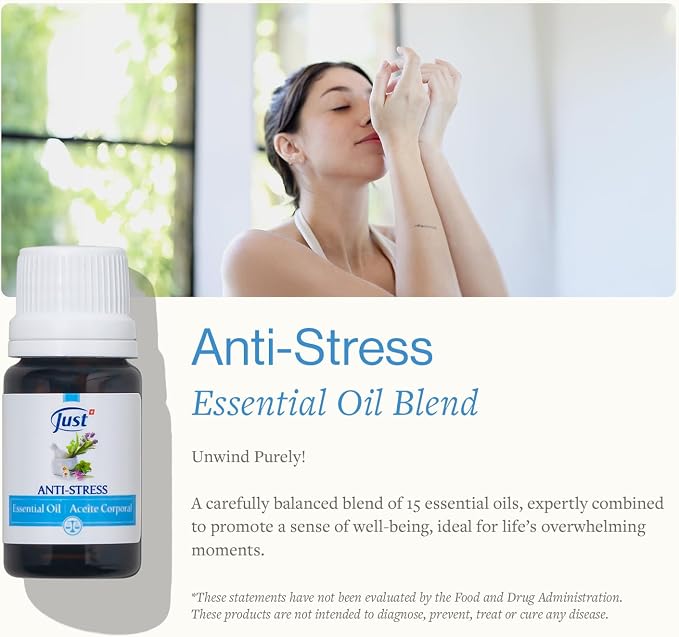 Swiss Just Stress Relief, Anti-Stress Activator Essential Oil 10ml. A Specific & Balanced Blend of 15 Natural Essential Oils. with Basil & Lavender Extract, 10 ml
