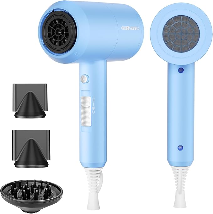 SHRATE Ionic Hair Dryer with Diffuser | Professional Blow Dryer for Curly, Frizzy & All Hair Types | Low Noise & Gentle for Sensitive Hair | Compact & Portable Design for Home, Travel, Women & Men