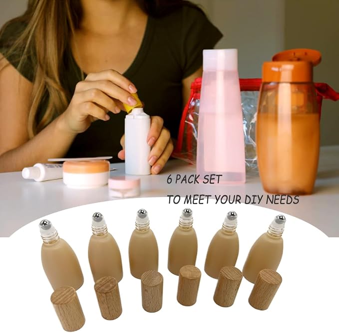 6Pcs 12ml/0.4 oz Glass Roll On Bottle with Bamboo Lid for Essential Oils,Empty Refillable Roller Bottles for Perfume Sample with Stainless Steel Roller Ball,Travel Containers(Pink)