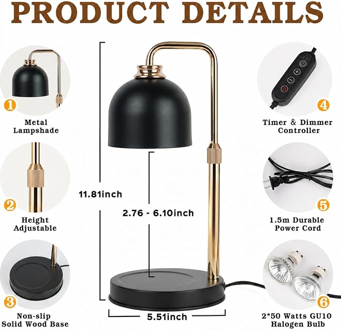 Funistree Candle Warmer Lamp with Timer Dimmer, Adjustable Height Birthday Gifts for Women Mom, Modern Vintage Black Candle Warmer, Vintage Home Decor for Scented Jar with 2 Bulbs
