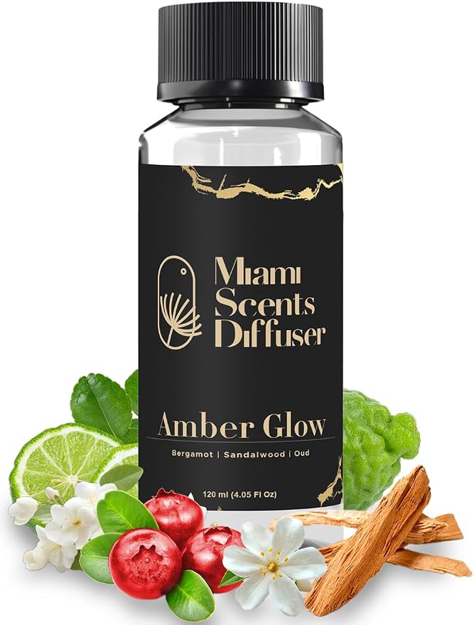 Amber Sunset Glow Essential Oil Refill Luxury Hotel Inspired - Long Lasting Aroma for Home & Office Diffuser - 120 ml Fresh Blend of Bergamot, Oud and Sandalwood, Scent for Spa Wellness Aromatherapy.