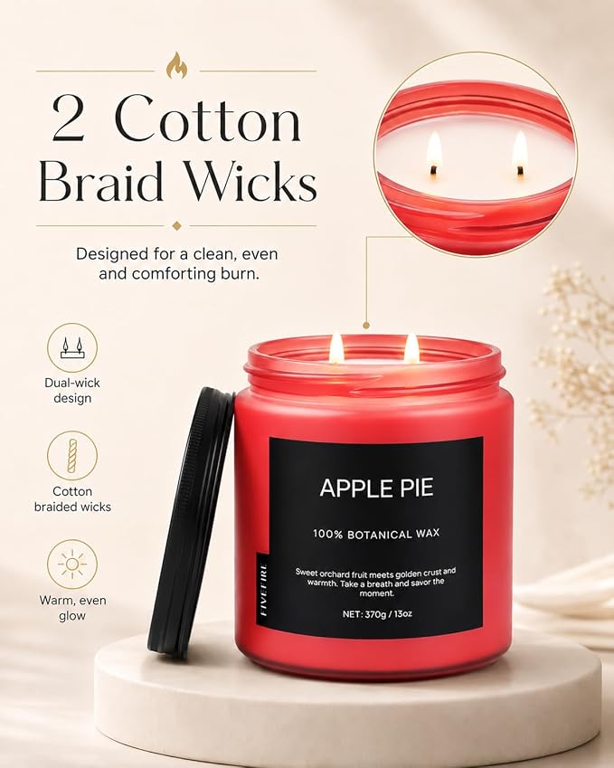 Apple Pie Home Scented Candles, 13oz Organic Soy Wax, 76-Hour Clean Burning, Natural Candles Non Toxic, Warm & Sweet Gourmand Scent for Relaxation, Aromatherapy Housewarming Candle for Men Women