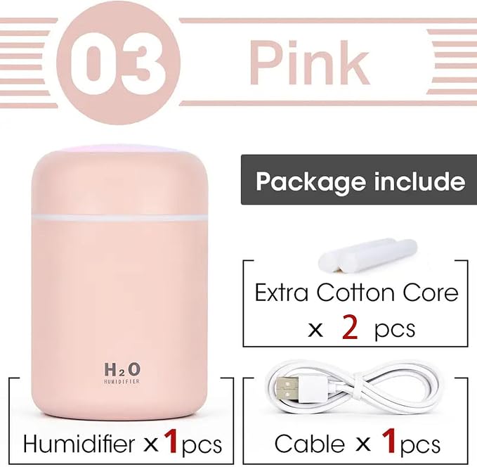 Portable Mini Humidifier, Colorful, Cool Mist, USB Powered. Perfect for Bedroom, Office & Car (300ml, Pink)