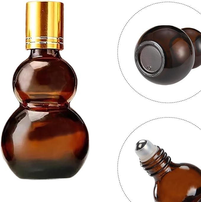 Essential Oil Roller Bottles, Amber Gourd Shaped Glass Roller Bottles with Stainless Steel Roller Ball, for Travel,Perfume (Amber-Gold Cap, 100ML)