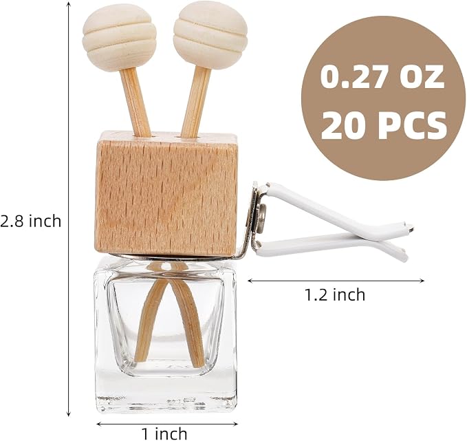 WRINGKIT 20 Pack Car Diffuser Bottles Empty, Essential Oil Diffuser Bottle with Vent Clip, Clear Glass Perfume Bottle, Wooden Cap Aromatherapy Car Air Freshener Diffuser for Auto Fragrance, Cars Decor