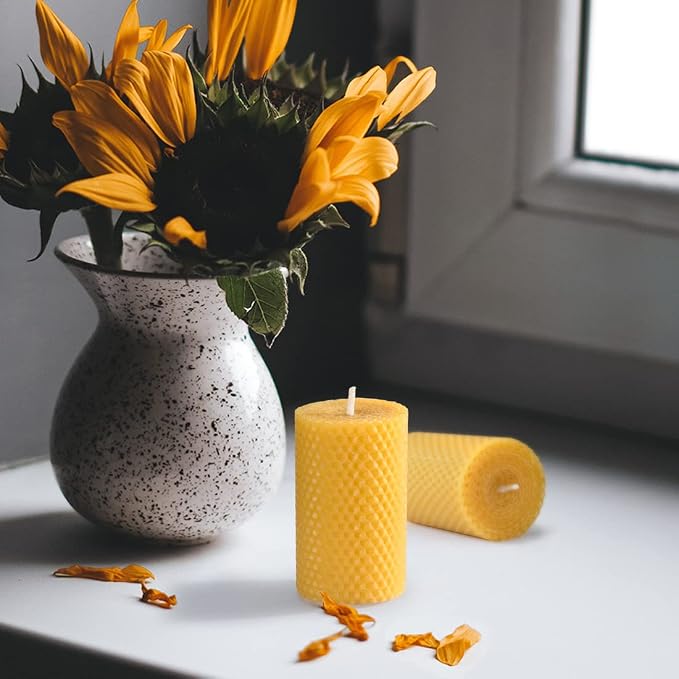 DEYBBY Beeswax Honeycomb Rolled Pillar Candles Set of 6 - Handmade Pure Organic Bees Wax Candles for Home Study Decor Housewarming Gift (2×3.3 in)