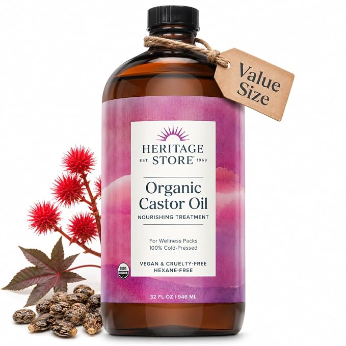 HERITAGE STORE Organic Castor Oil - 32oz Glass Bottle - Nourishing Treatment for Hair and Skin Care - Eyelash Serum for Eyelashes and Brows - Cold Pressed, Hexane Free, Vegan - 32oz