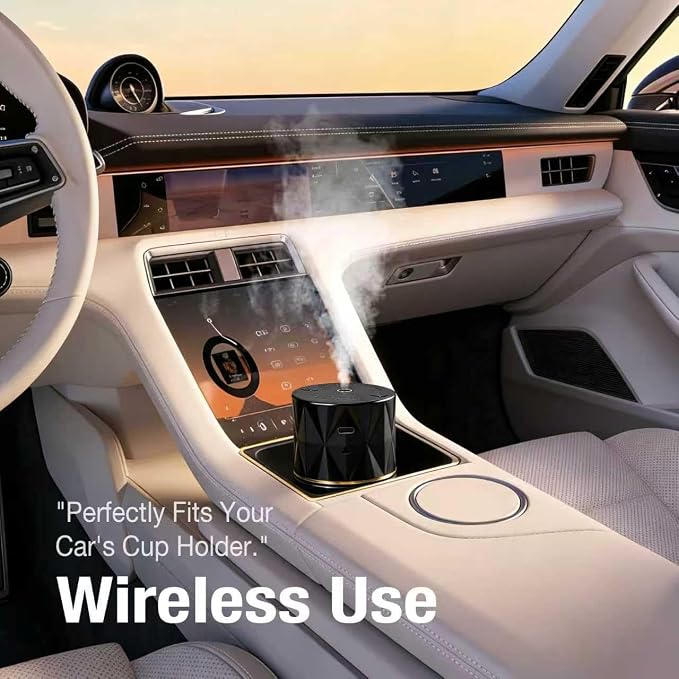 Car Diffuser Humidifier, USB Wireless Cool Mist Aromatherapy Diffuser, Mini Portable Essential Oil Air Freshener with 35 Million Negative Ion, Night Light&Auto Shut-Off (Black)