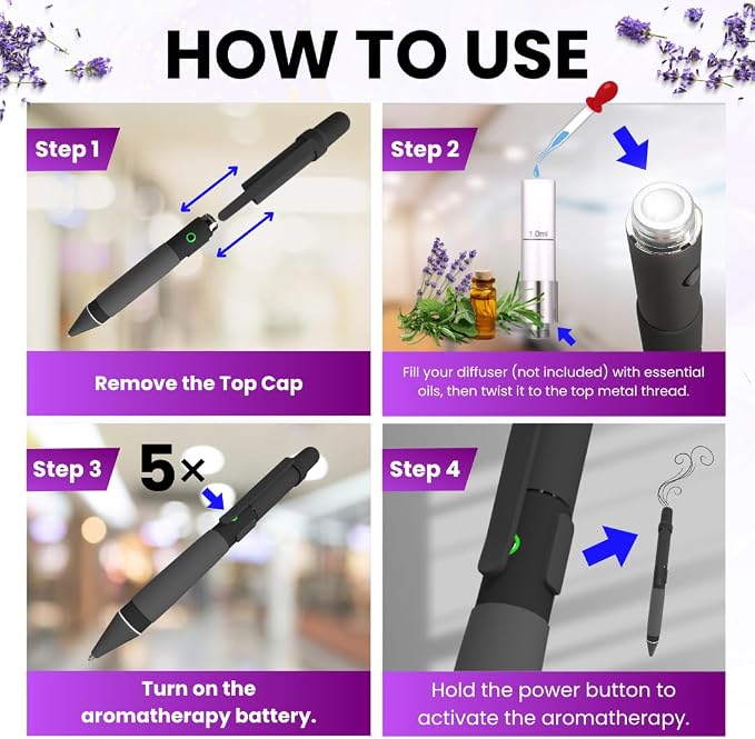 Aromatherapy Writing Pen Battery with Real Ink Tip and Hidden Diffuser Port, Soft Touch Ballpoint for Note Taking, Signature, and On-the-Go Relaxation, Rechargeable Wellness Gift for Office or Travel