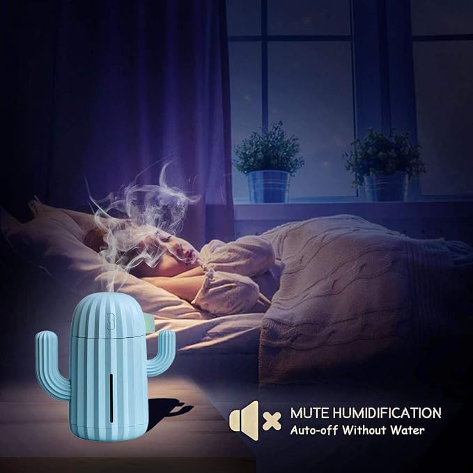 Mini Humidifier Single Room Humidifiers with Night Light Portable Cactus Air humidifier for for Yoga, Office, spa, Bedroom，Baby Room，Silica Gel Diffuser for tap Water only (Blue)