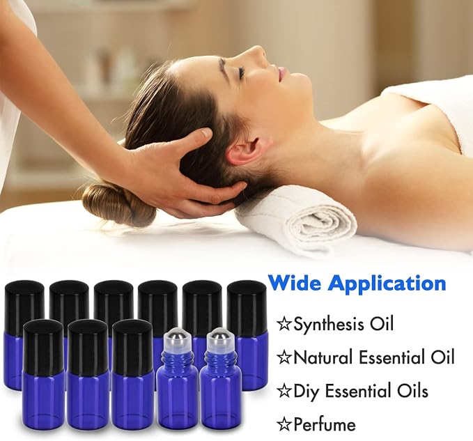 2ML Essential Oil Roller Bottles, 24 Pack Cobalt Blue Roller bottle for oils, Mini Glass Roll on Bottles with Stainless Steel Roller Balls&2 Droppers