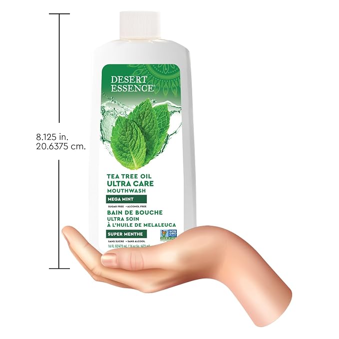 Desert Essence Natural Tea Tree Oil Ultra Care Mouthwash - Mega Mint - 16 Fl Oz - Freshens Breath - Defends Against Sugar Acids - Vitamin C - Soothes Gums - Whitening Floss - Removes Food Debris