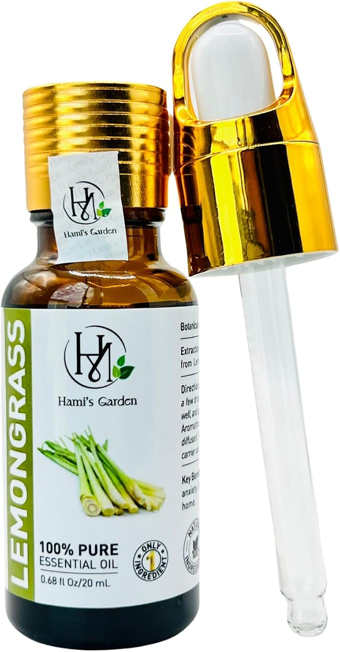 Hami’s Garden Lemongrass Essential Oil – 0.68 fl Oz/20 mL – 100% Pure and Natural – Premium Grade with Glass Dropper - for Diffusers, Home Care, Soap Making.