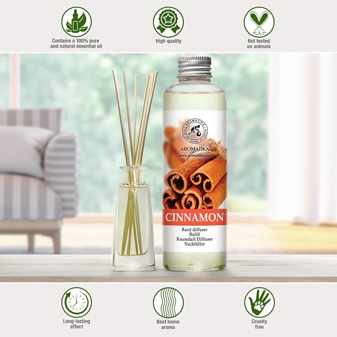 Cinnamon Reed Diffuser Refill with Natural Essential Cinnamon Oil 6.8 Fl Oz - Fresh & Long Lasting Fragrance - Reed Diffuser Oil Refill for Aromatherapy - Home - Fitness - Boutique