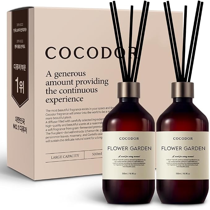 COCODOR Premium Reed Diffuser/Flower Garden /16.9oz /2 Pack/Large Capacity Fragrance Scent Oil Stick Diffuser Set for Bedroom Bathroom Home Décor