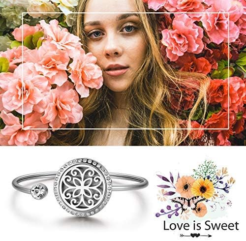 Cupimatch Adjustable Tree of Life Essential Oil Diffuser Bracelet, Stainless Steel CZ Aromatherapy Locket Bangle 8 Color Pads Jewelry Set for Women for Mother's Day