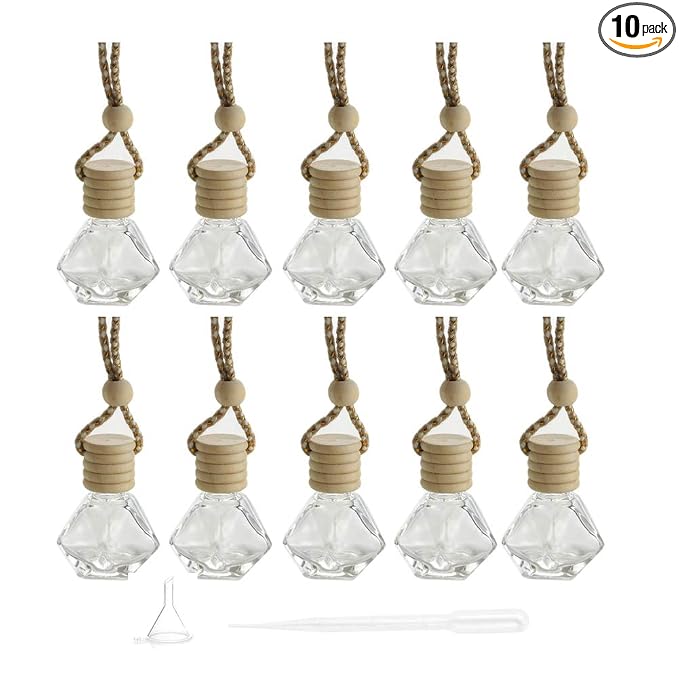 10 Packs Car Hanging Diffuser Empty Glass Perfume Bottles Air Freshener Diffuser Bottle Pendant Oil Fragrance Aromatherapy Bottle Ornament Decor (diamond)