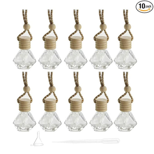 10 Packs Car Hanging Diffuser Empty Glass Perfume Bottles Air Freshener Diffuser Bottle Pendant Oil Fragrance Aromatherapy Bottle Ornament Decor (diamond)