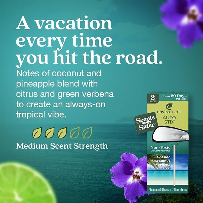 Enviroscent Non-Toxic* Car Air Freshener Auto Stix® - Scents Made Safer - Enjoy Fragrance Lasts Up to 480 Days - Includes Auto Stix® Diffusers & Elastic Loops - Seaside Coconut & Verbena (Pack of 8)