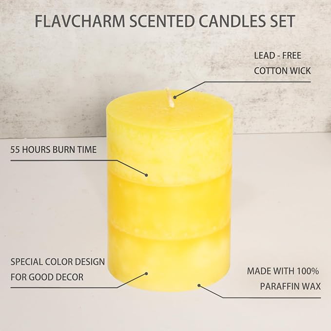 Yellow Pillar Candles 3x4 Inch Hand-Poured Lemon Scented Candles Lemongrass Fragrance Long Lasting Clean Burning Smokeless Summer Candle for Home Scent Bathroom Rustic Table Decor, Set of 3