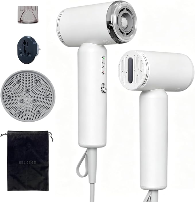 JIGGL High-Speed Dual-Voltage Mini Travel Hair Dryer with Magnetic Diffuser | As Small as a Phone,Negative Ionic,100-240V,Lightweight,Quiet,,European Plug Adapter,Curly Hair,International Travellers