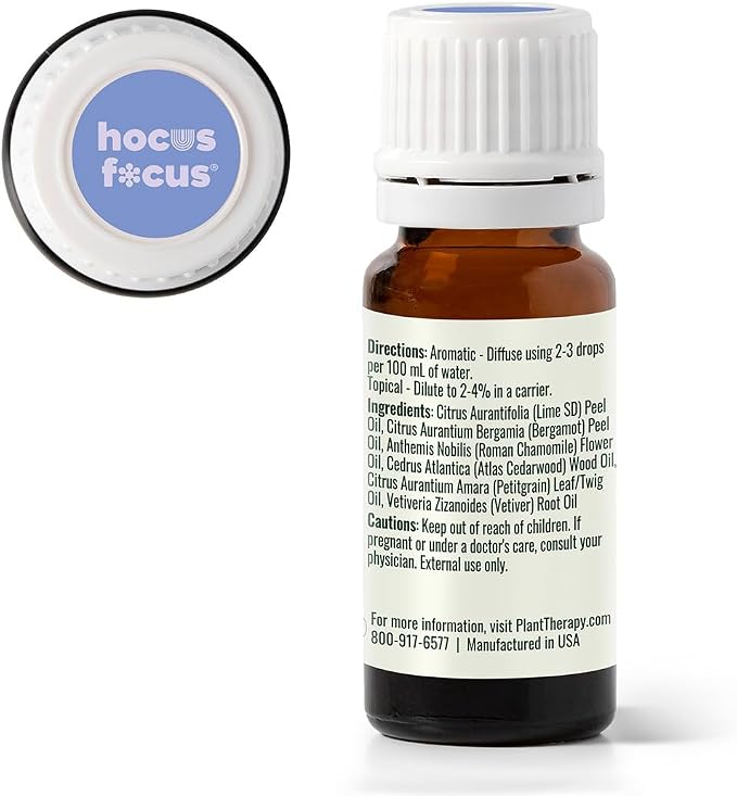 Plant Therapy Kids Hocus Focus Essential Oil Blend 10 mL (1/3 oz) 100% Pure, Undiluted, Aromatherapy Blend for Focus, Attention, and Concentration, KidSafe