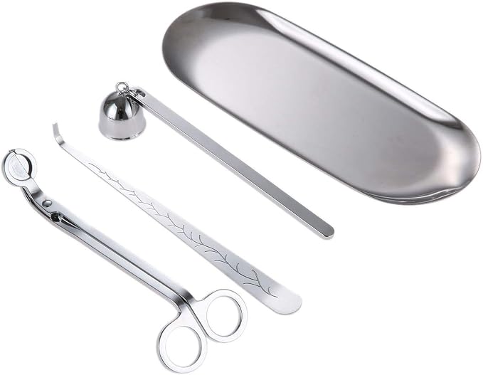 MUXSAM 4 in 1 Candle Accessory Set, Candle Wick Trimmer, Candle Snuffer, Wick Trimmer, Candle Wick Dipper, Storage Tray Plate, Candle Care Tools Gifts for Candle Lovers(Silver)