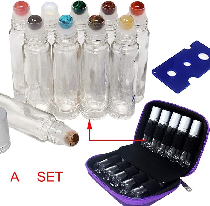 fengshuisale 10pcs Clear 10ml Empty Refillable Glass Bottles with Crystal Semiprecious Stones Essential Oil Gemstone Roller Ball Bottles with Silver Lid with Free Bag W3900 (Multi-2)