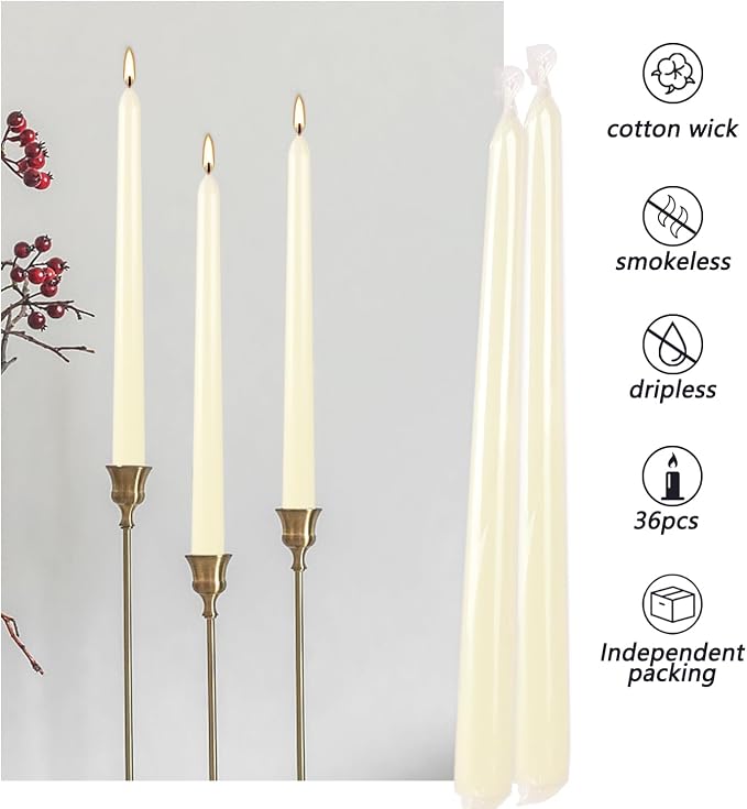 WPONSZU 16 Pack Ivory Taper Candles, 7-8 Hours Burn Time, Unscented, Smokeless and Dripless, 4/5 x 10 Inch for Christmas,Household,Dinner,Wedding,Valentine's Day,Party and Home Décor Candlesticks