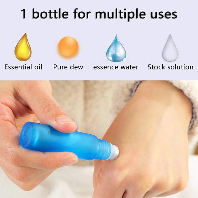 Kesell Glass Roller on Bottle, 10ml Refillable Essential Oil Bottle with Stianless Steel Ball, Pack of 10 (Light blue)