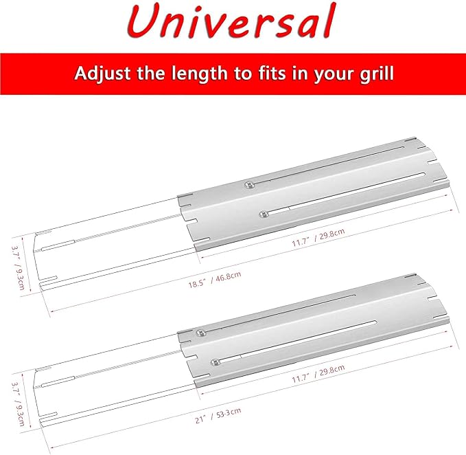 Hisencn Universal Replacement Adjustable Stainless Steel Heat Plate Shield, Heat Tent, Flavorizer Bar, Burner Cover, Flame Tamer for Brinkmann Gas Grill, Heavy Duty, Extends from 11.75" up to 21" L