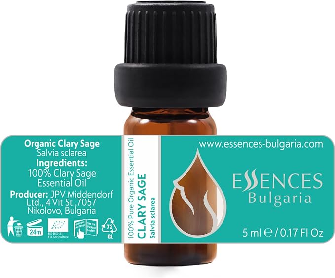 Essences Bulgaria Organic Clary Sage Essential Oil 1/6 Fl Oz | 5ml | Salvia sclarea | 100% Pure and Natural | Undiluted | Therapeutic Grade | Family Owned Farm | Steam-Distilled | Non-GMO | Vegan