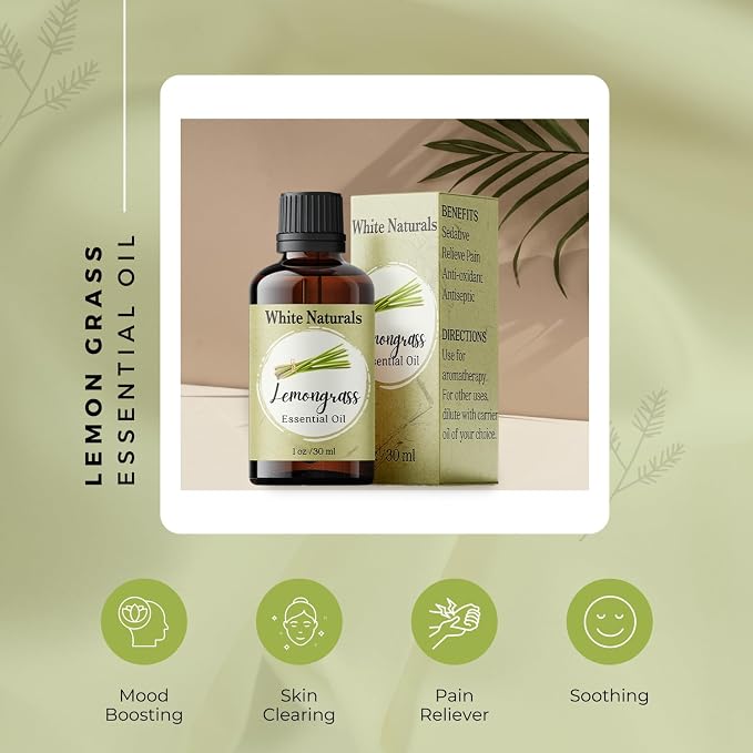 White Naturals Lemongrass Essential Oil 100% Pure and Natural, Therapeutic Premium Grade for Hair Nails and Skin, Aromatherapy Diffuser, Home and Travel, DIY