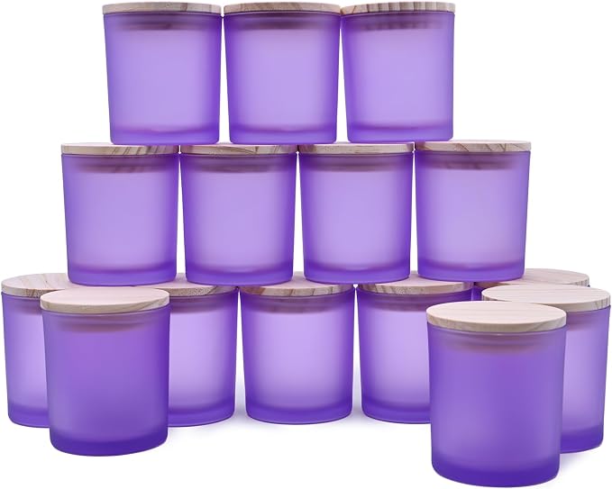 SHOWIN 8 OZ Thick Candle Jars for Making Candles 15 Pcs, Empty Jars with Wood Lids for Candle Making, Sample Container, Frosted Purple