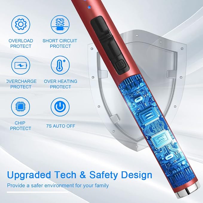 USB Rechargeable Candle Lighter Electronic Arc Lighter Windproof Flameless with Safety Button for Camping Cooking BBQ (Red)
