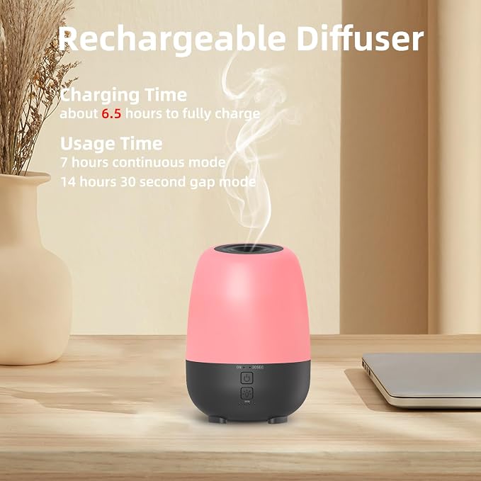 SEEDSEEL 150ML Rechargeable Battery Powered Essential Oil Diffuser, Cordless Portable Aromatherapy Diffuser,7-Hour Run time, 7-Color LED Lights