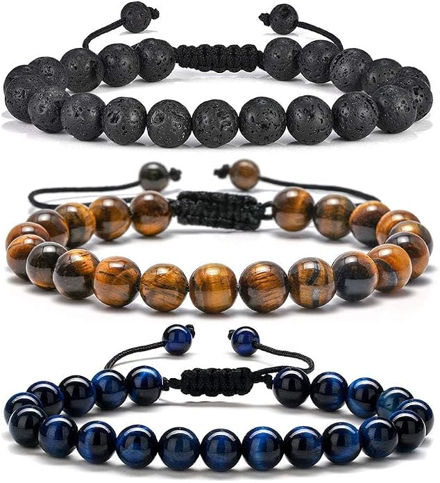 M MOOHAM Mens Bracelet - Beaded Natural Stone 8mm Tiger Eye Matte Agate Lava Rock Bracelets for Men Teen Boys Grandpa Dad Birthday Gifts Jewelry