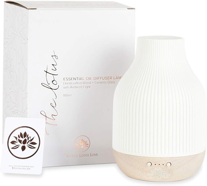 Sacred Lotus Love Ceramic Essential Oil Diffuser – Ultrasonic Aroma Diffuser with Wood Base, Ambient LED Light and Timer Settings